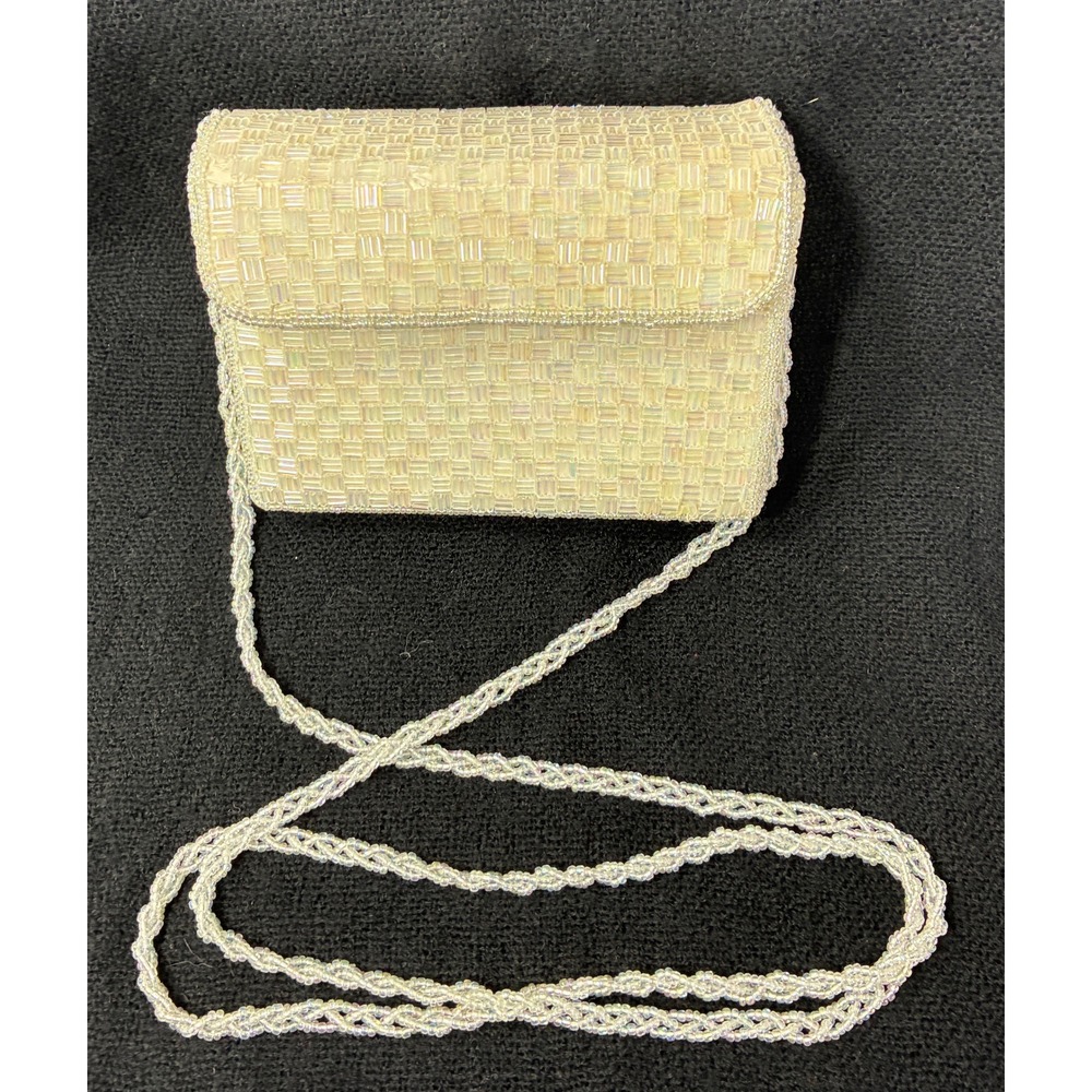 Vintage Iridescent White Beaded Evening Clutch Crossbody Bag Basketweave Pattern